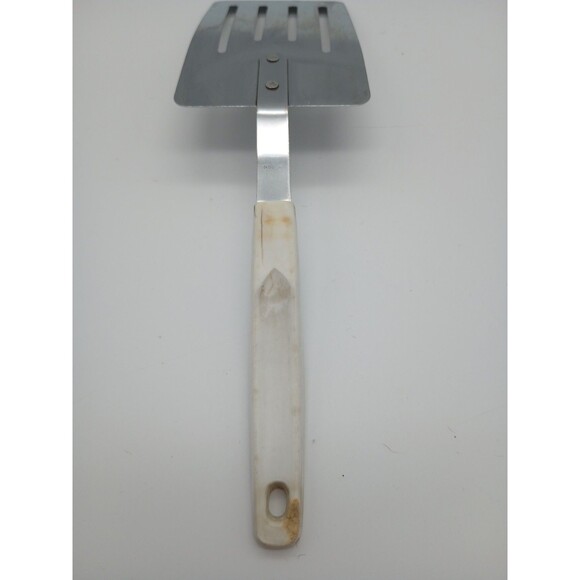 Vtg Stainless Steel Kitchen Utensils Short Spatula Slotted Spoon Blue Gold Crown - Picture 7 of 13